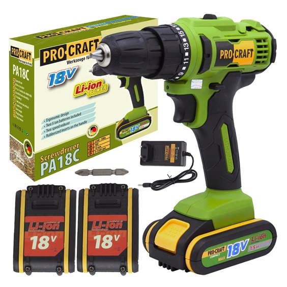 Šroubovák vrtací AKU 18V Procraft 2x1,5Ah Li-Ion PA18C