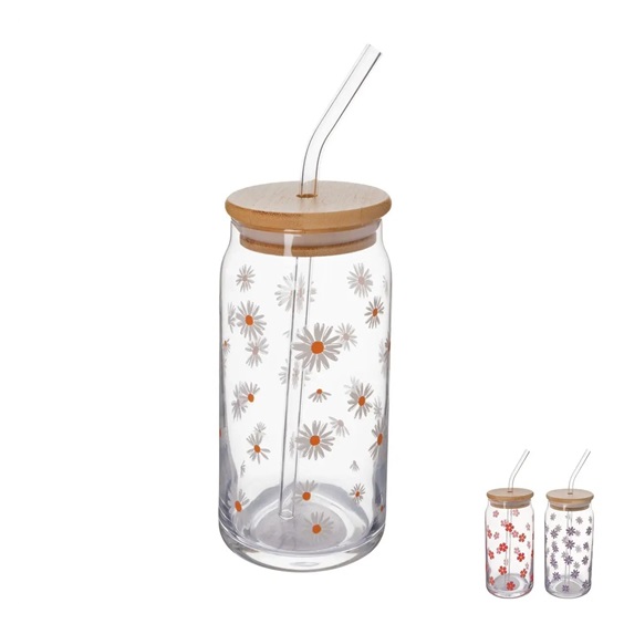 Sklenice+bambus víčko, zahnuté brčko 0,5 l 1 ks mix