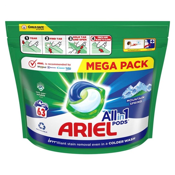 Ariel kapsle na praní All-in-1 Mountain Spring, 63 praní AKCE