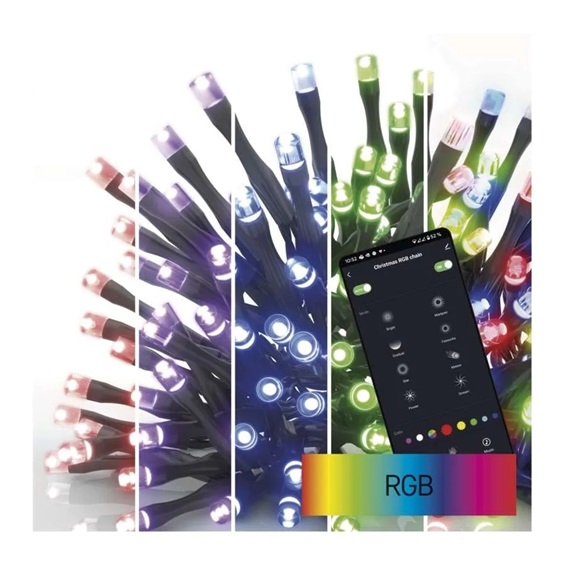 Řetěz vánoční LED 12 m, venkovní i vnitřní, RGB, programy, časovač, WiFi