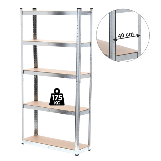 Regál 180x90x40cm, 5 polic, ocel + MDF deska, nosnost 175kg police