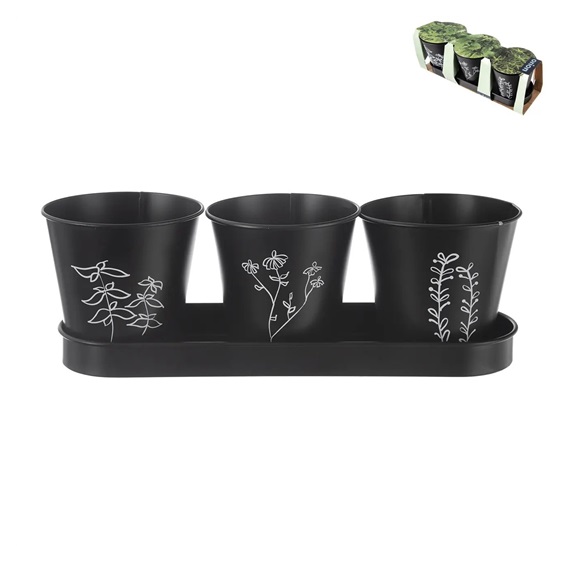Květináč kov bylinky BLACK pr. 11 cm 3 ks+podtácek